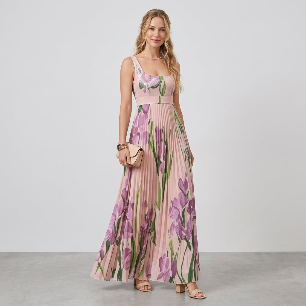 EVO | Damska plisowana sukienka maxi w kwiaty