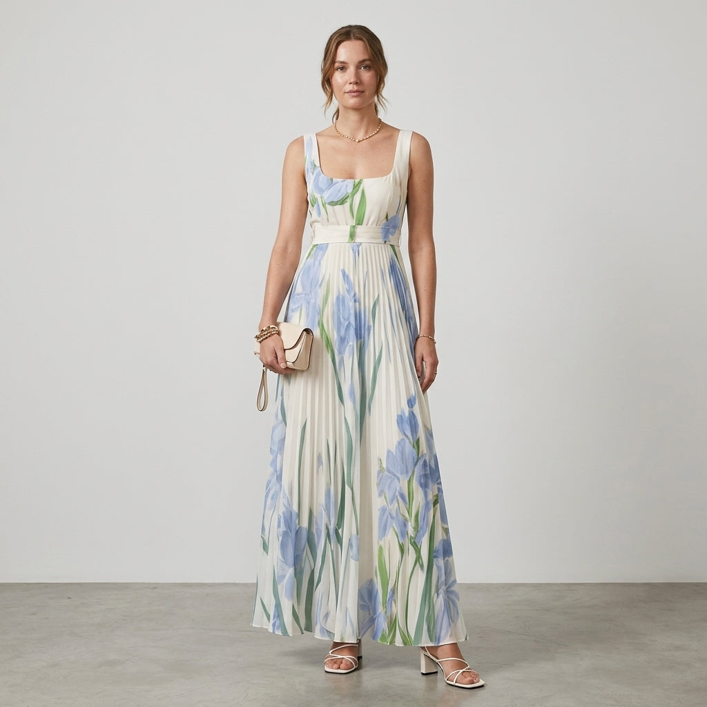 EVO | Damska plisowana sukienka maxi w kwiaty