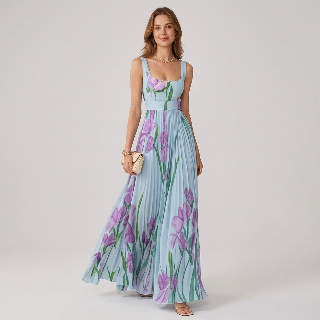 EVO | Damska plisowana sukienka maxi w kwiaty