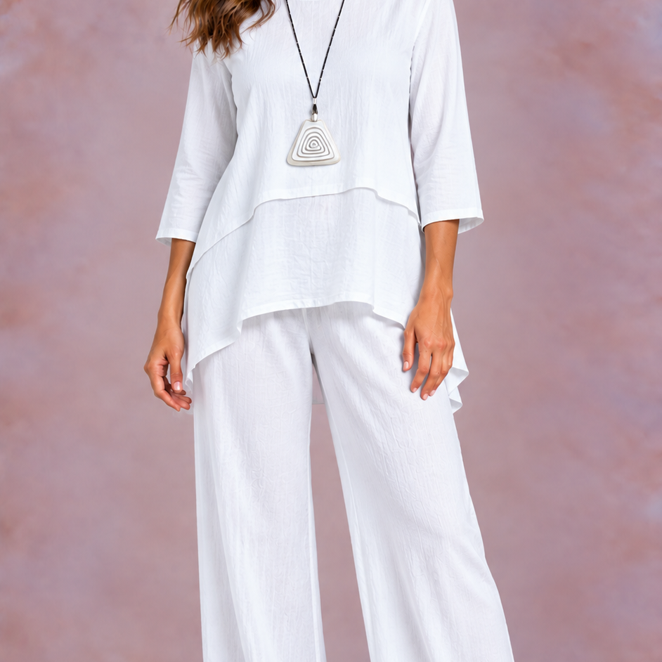 EVO | Damski letni komplet z szerokimi spodniami i warstwowym topem