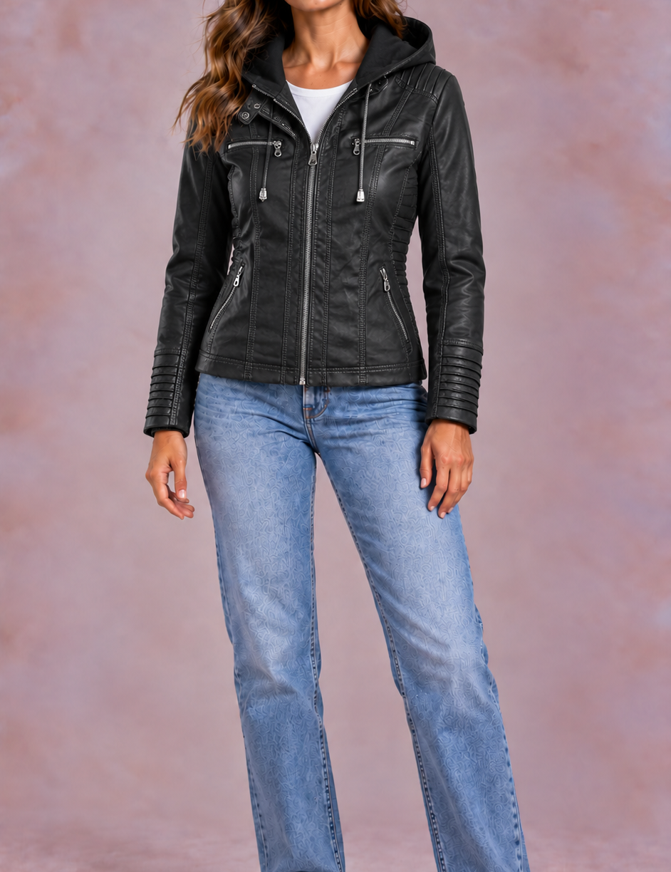 EVO | Damska kurtka z wegańskiej skóry z odpinanym kapturem