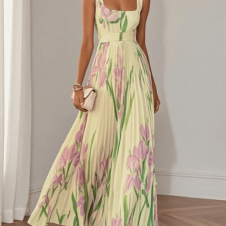 Luna Fashion House | Women's Floral Pleated Chiffon Maxi Dress Square Neck Sleeveless Summer UK