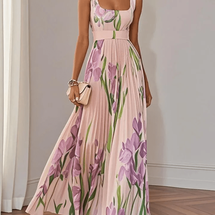 Luna Fashion House | Women's Floral Pleated Chiffon Maxi Dress Square Neck Sleeveless Summer UK