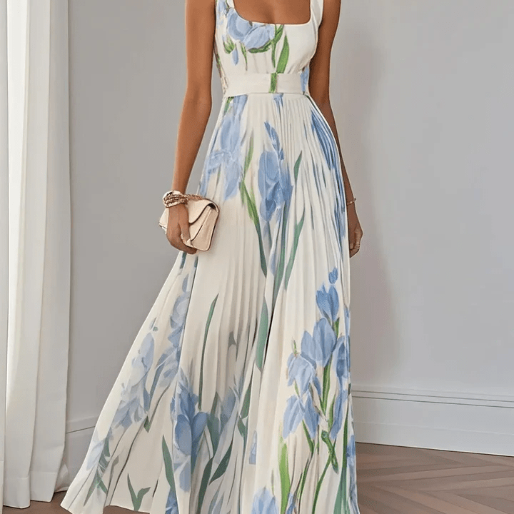 Luna Fashion House | Women's Floral Pleated Chiffon Maxi Dress Square Neck Sleeveless Summer UK