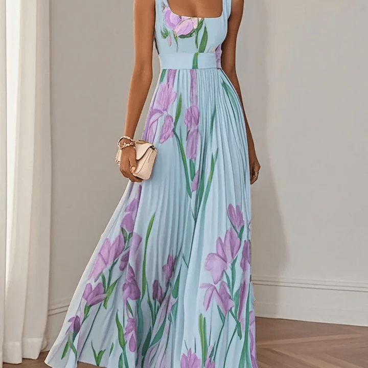 Luna Fashion House | Women's Floral Pleated Chiffon Maxi Dress Square Neck Sleeveless Summer UK