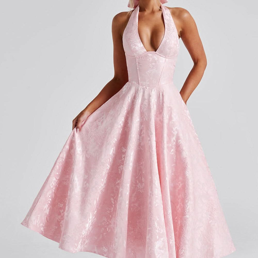 Luna Fashion House | Women’s Floral Halter Midi Dress Wedding Guest Occasion Dress