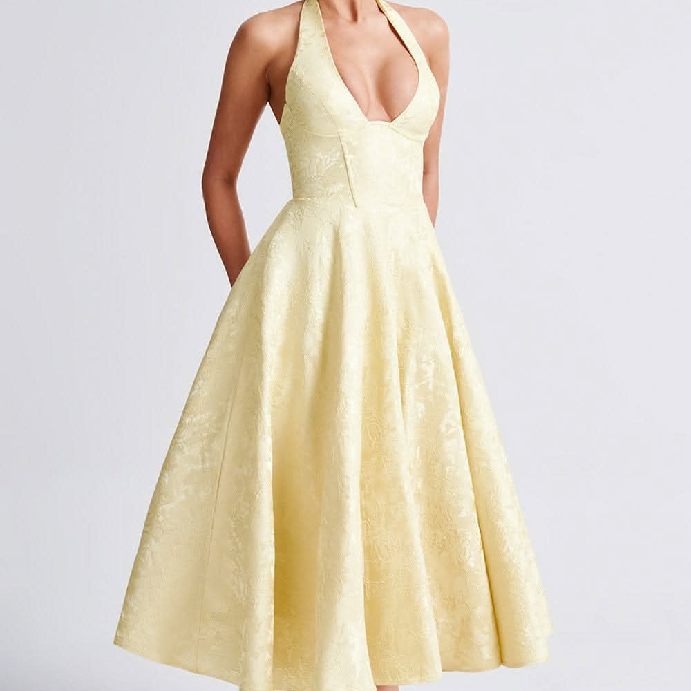 Luna Fashion House | Women’s Floral Halter Midi Dress Wedding Guest Occasion Dress