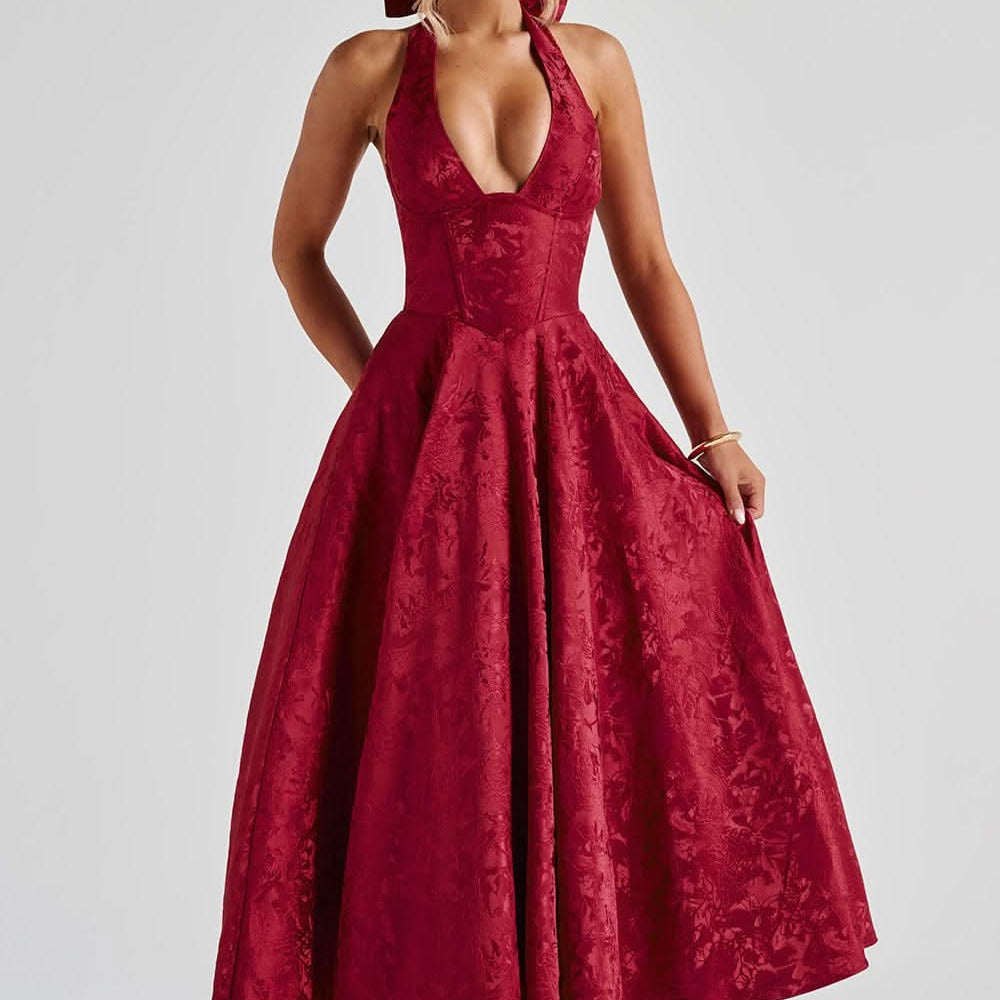 Luna Fashion House | Women’s Floral Halter Midi Dress Wedding Guest Occasion Dress